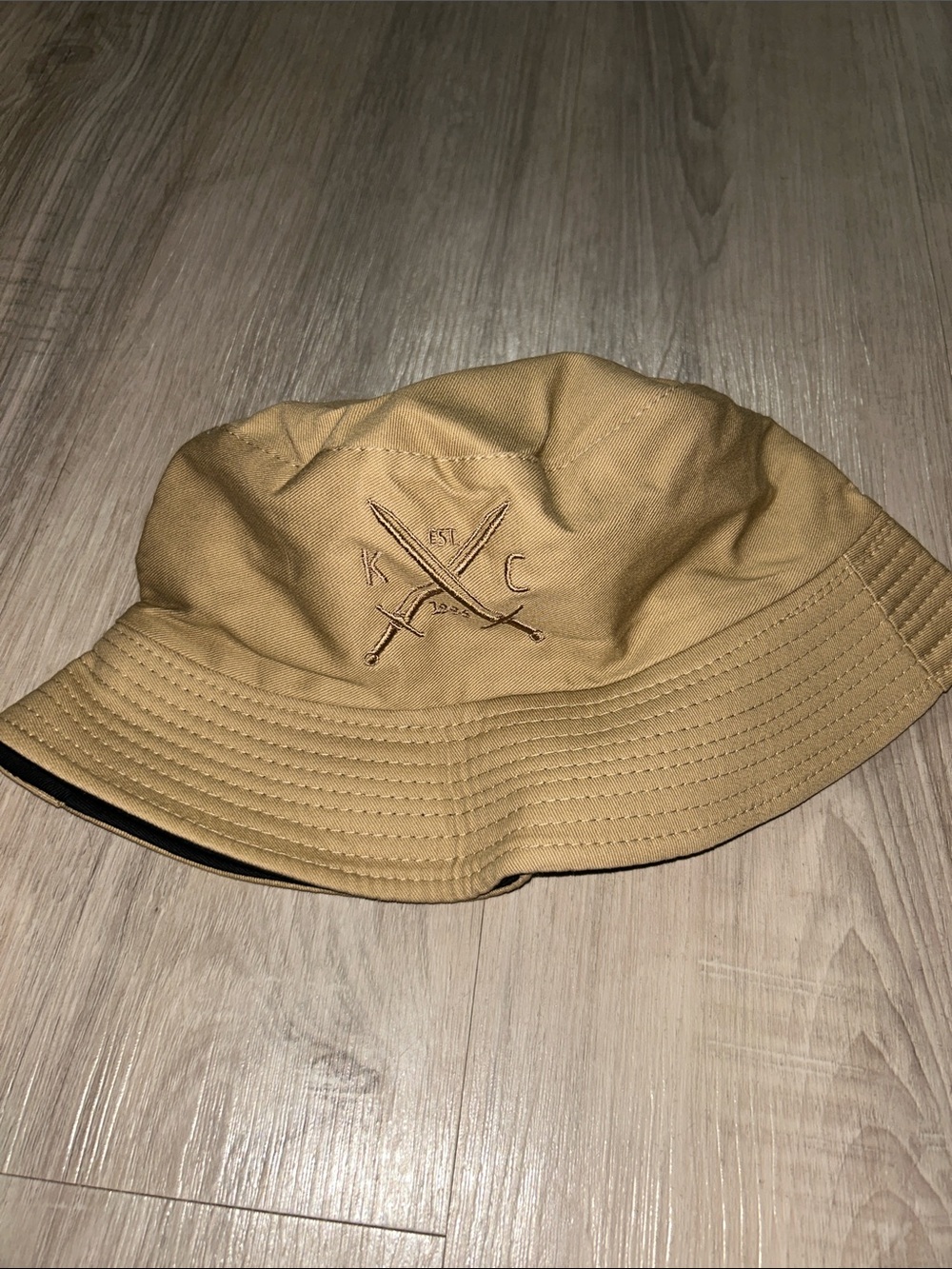 Embroidered Tan Bucket Hat with Crossed Swords